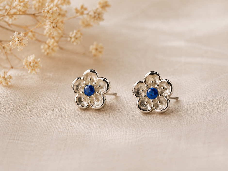 9mm Stainless Steel Openwork Flower Blue Crystal Stud Earrings