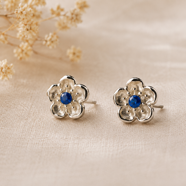 9mm Stainless Steel Openwork Flower Blue Crystal Stud Earrings