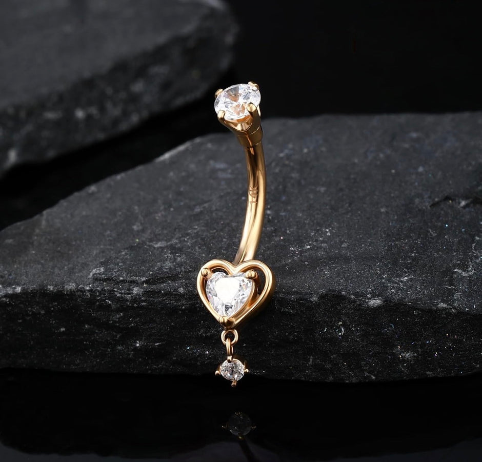 Solid 14K Gold Belly Button Ring – Heart Body Piercing Jewelry for Women