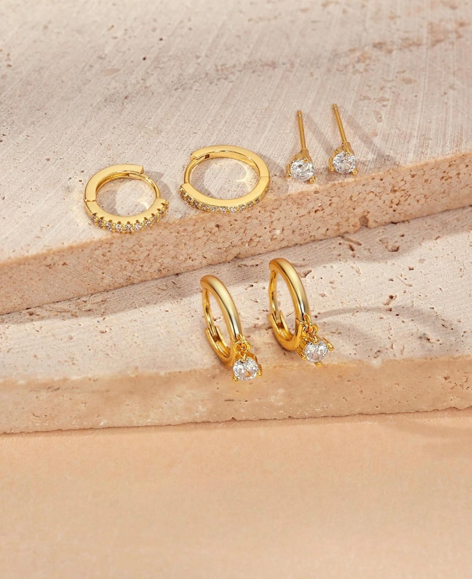 14K Gold Plated Huggie Hoop Earring Set – 3 Pairs