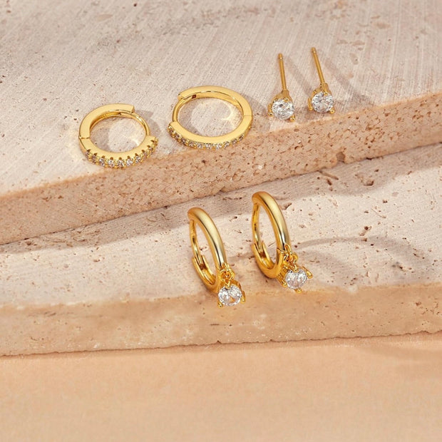 14K Gold Plated Huggie Hoop Earring Set – 3 Pairs