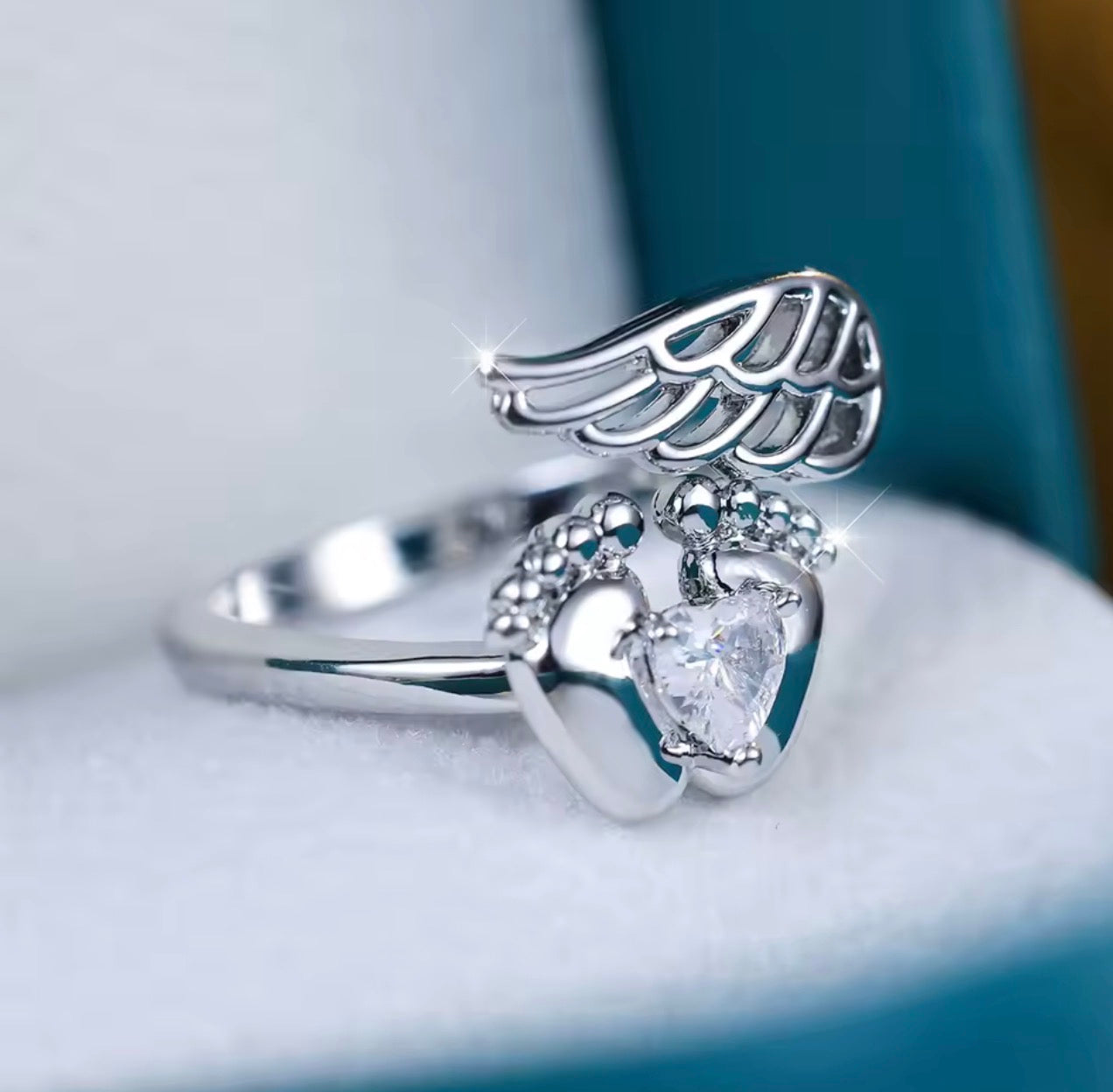 Heart Simulated Diamond Mom Angel Newborn Gift Ring 14K White Gold Plated