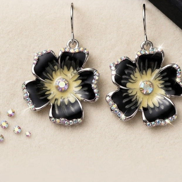 Sparkling Black Flower Dangle Earrings – Stainless Steel
