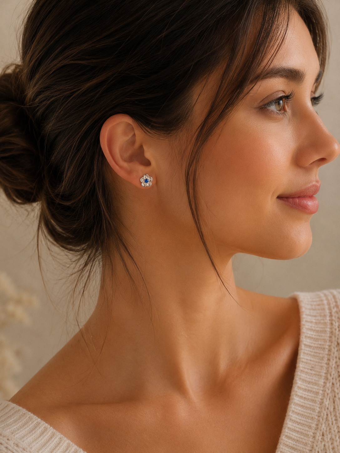 9mm Stainless Steel Openwork Flower Blue Crystal Stud Earrings