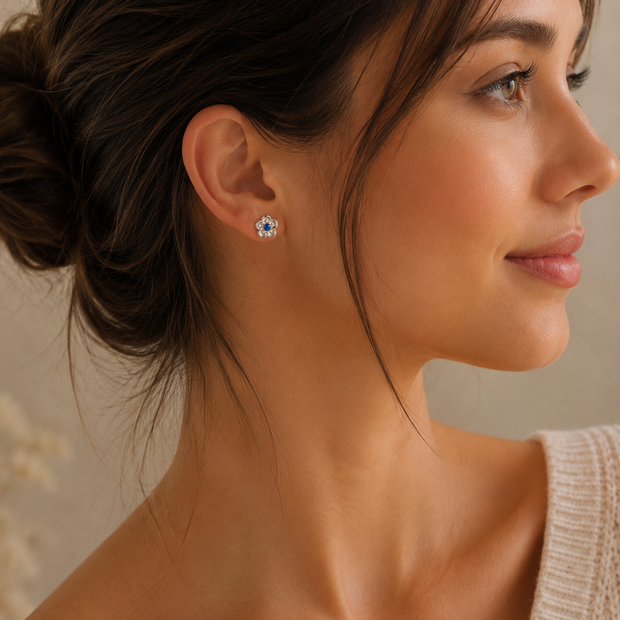 9mm Stainless Steel Openwork Flower Blue Crystal Stud Earrings