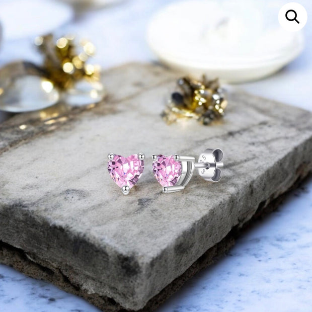 925 Sterling Silver Pink Heart Stud Earrings – 6mm Cubic Zirconia for Women