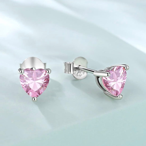 925 Sterling Silver Pink Heart Stud Earrings – 6mm Cubic Zirconia for Women