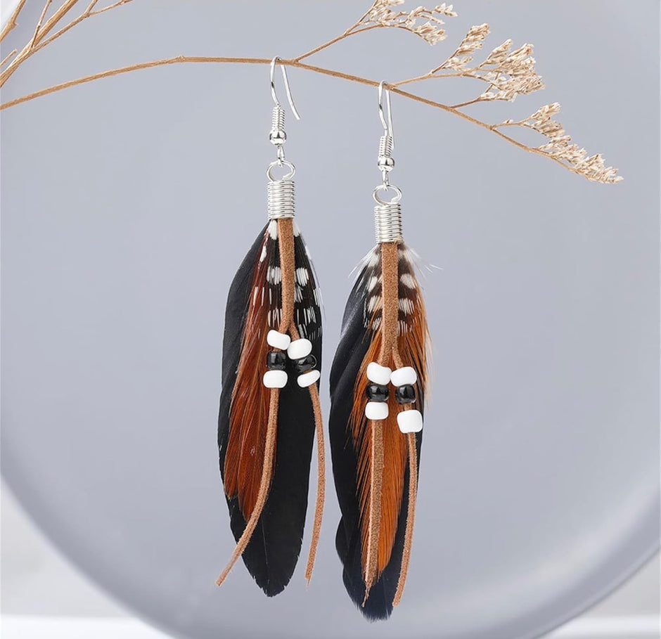 Bohemian Brown & Black Feather Drop Earrings – Stainless Steel