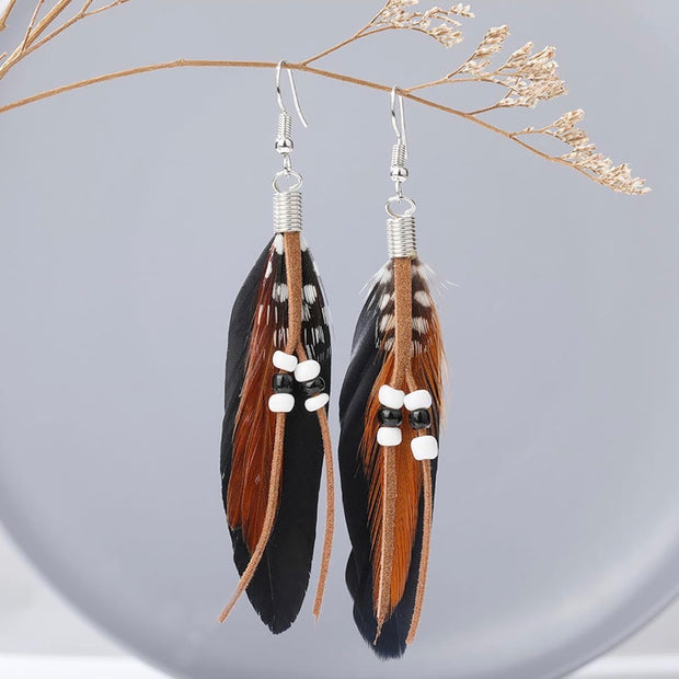 Bohemian Brown & Black Feather Earrings – Hypoallergenic Stainless Steel Drops