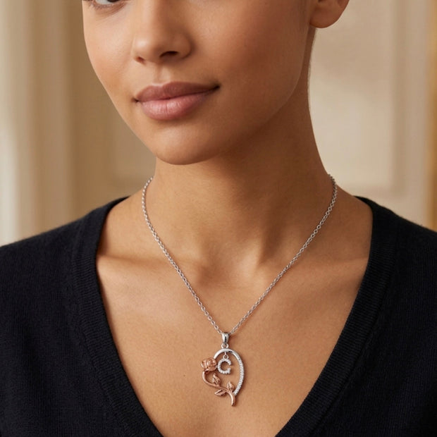 Rhodium Plated Personalized Initial Necklace – Rose Heart Pendant for Women