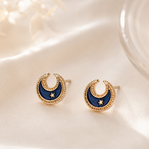 8mm Gold-Plated Stainless Steel Celestial Moon & Star Stud Earrings