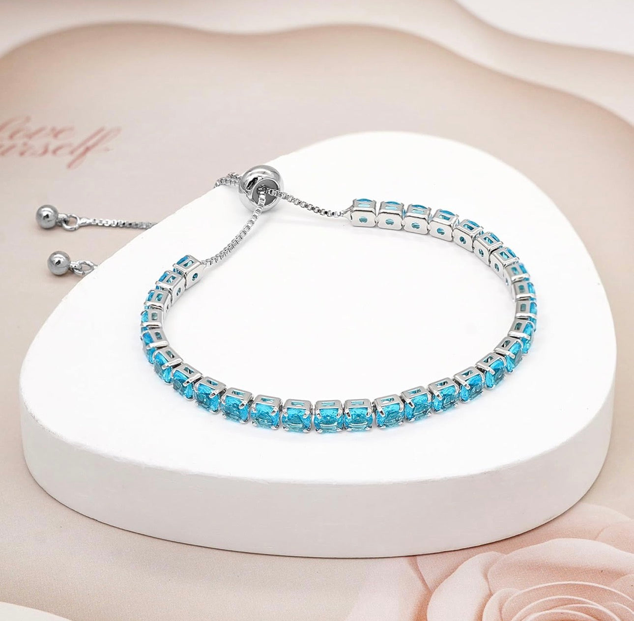 Silver Plated Round Cut Cubic Zirconia Blue Matrix Anti Tarnish Tennis Bracelet