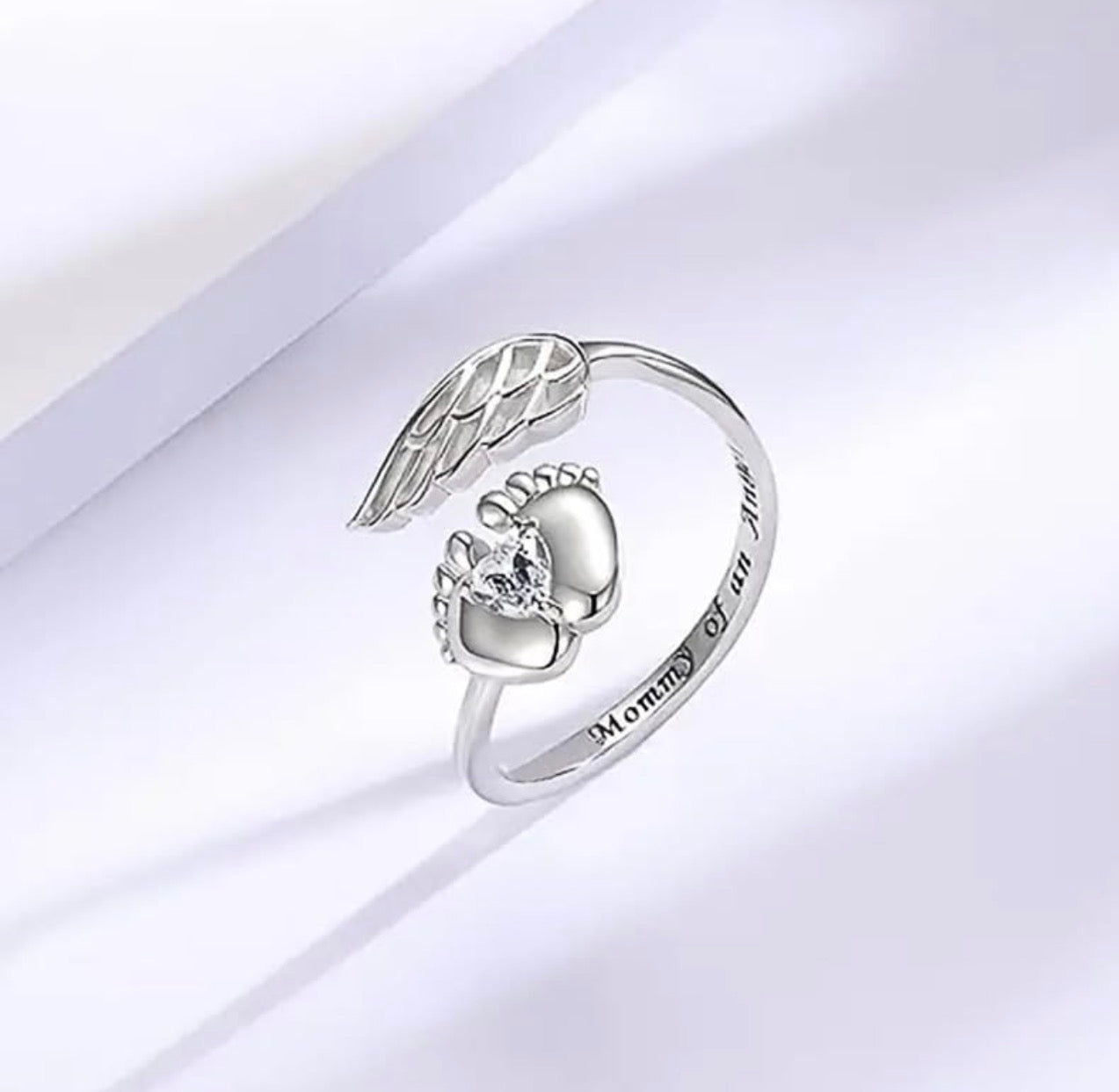 Heart Simulated Diamond Mom Angel Newborn Gift Ring 14K White Gold Plated
