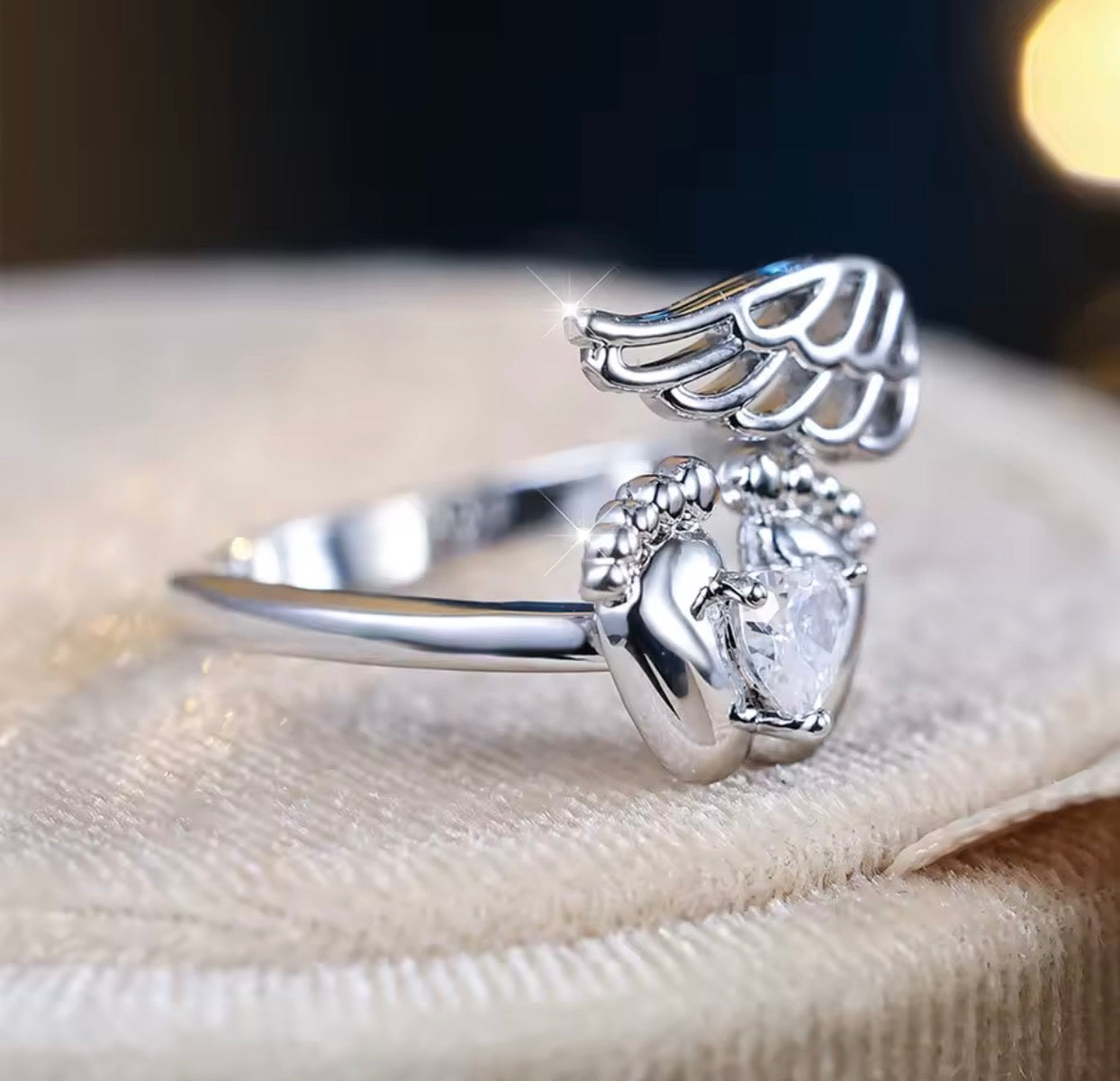 Heart Simulated Diamond Mom Angel Newborn Gift Ring 14K White Gold Plated