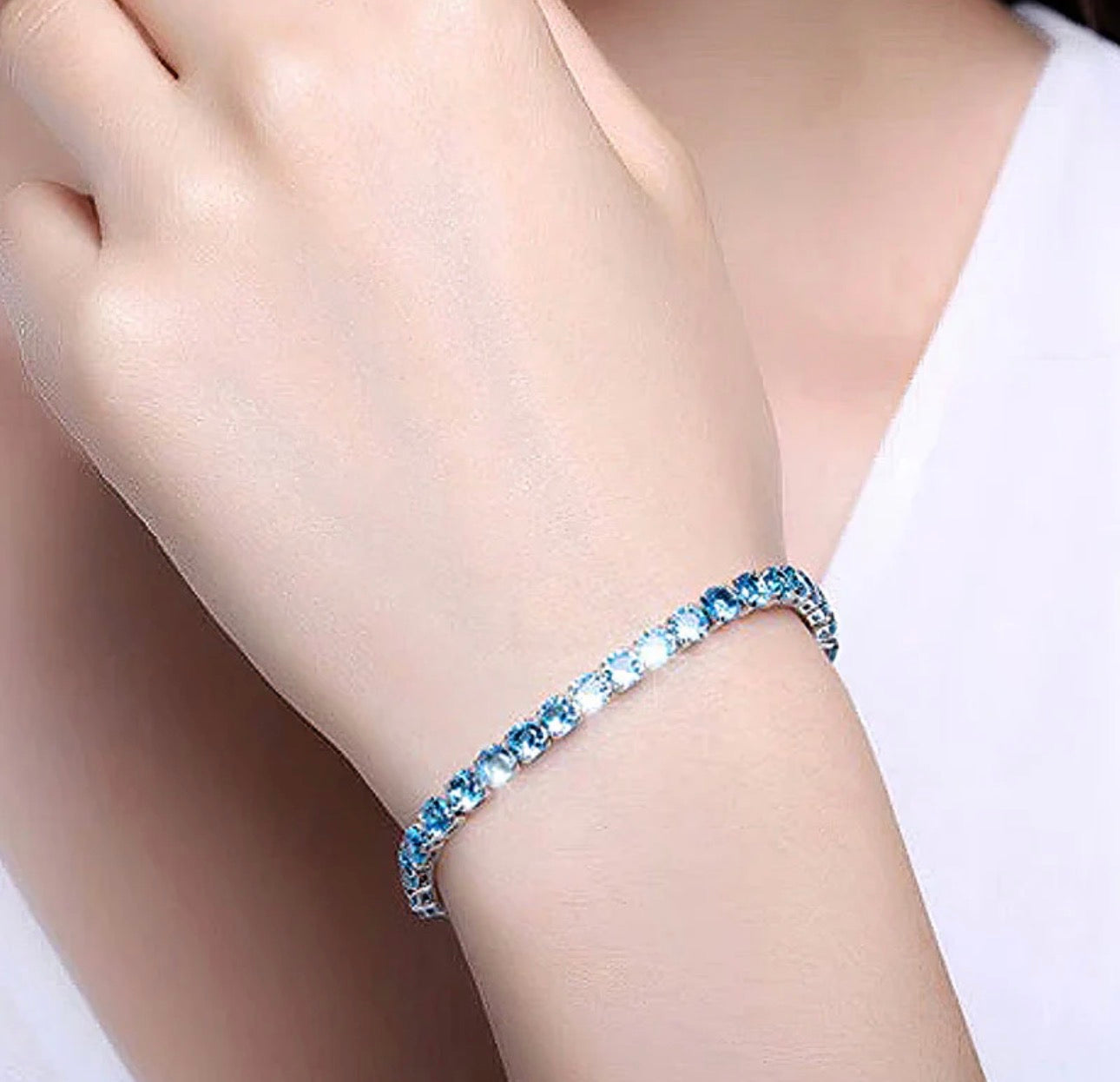 Silver Plated Round Cut Cubic Zirconia Blue Matrix Anti Tarnish Tennis Bracelet