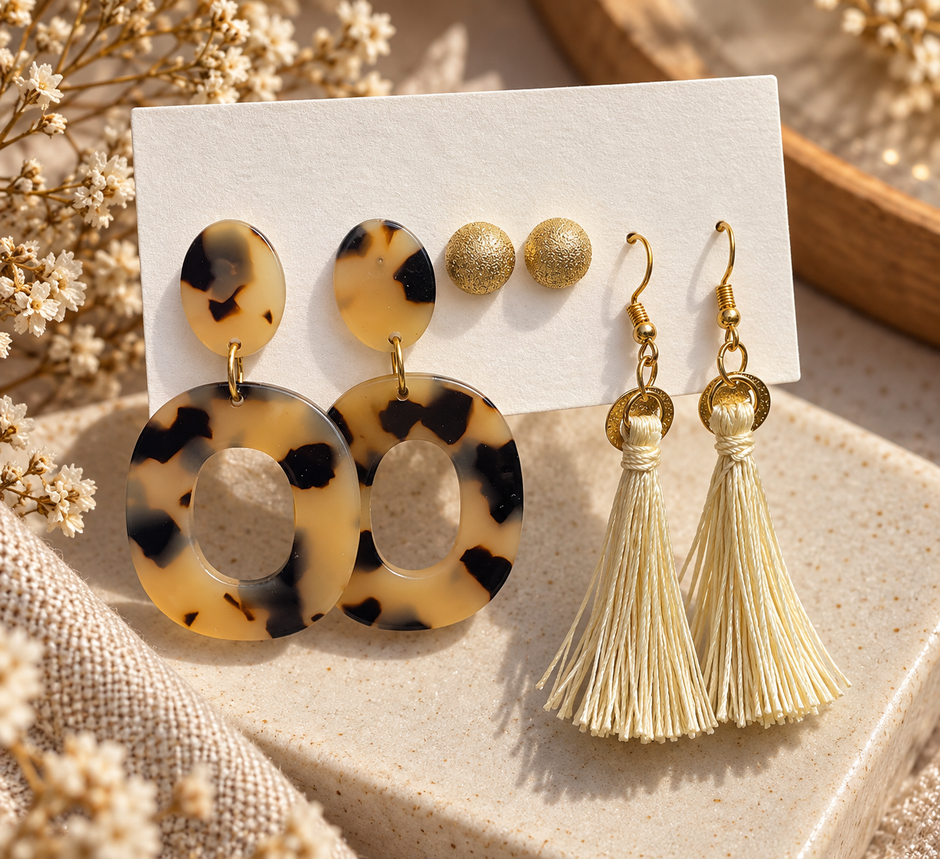 A pair of statement drop earrings with large tortoiseshell-patterned oval drops and matching stud earrings, displayed alongside a pair of gold-tone tassel drop earrings on a white card, styled with dried flowers and neutral fabric.