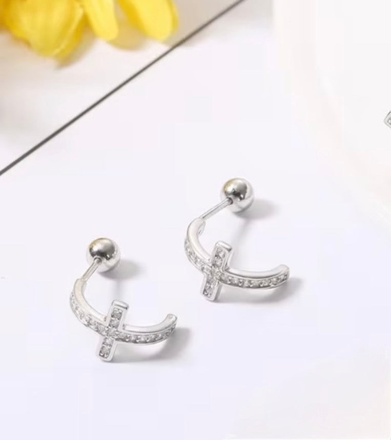 925 Sterling Silver Cross Stud Earrings with Cubic Zirconia