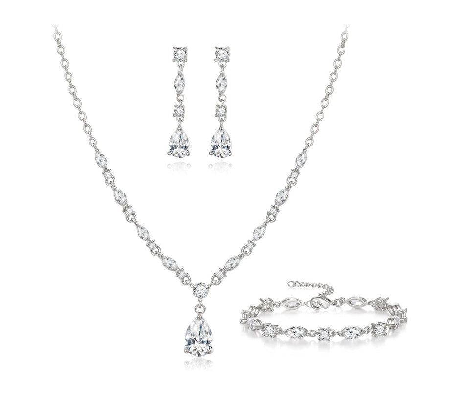 Stainless Steel Teardrop CZ Bridal Jewelry Set – Silver Wedding Duo