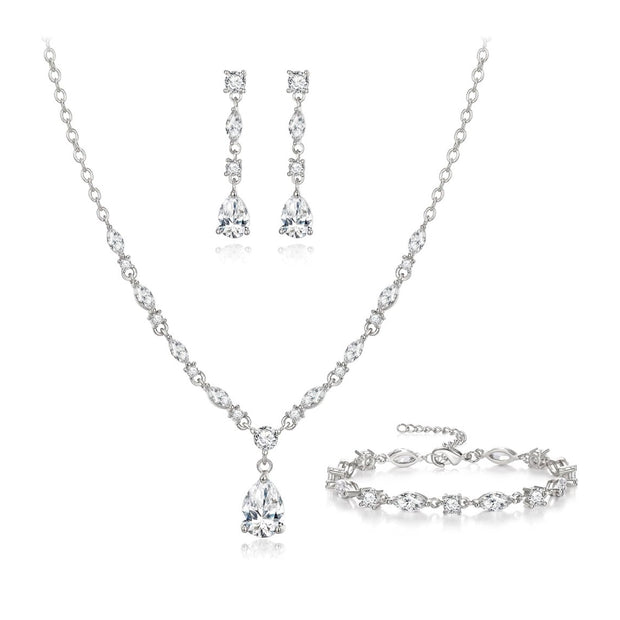 Stainless Steel Teardrop CZ Bridal Jewelry Set – Silver Wedding Duo
