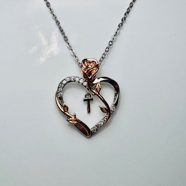 Stainless Steel Heart Rose Necklace – Adjustable Pendant Chain for Women