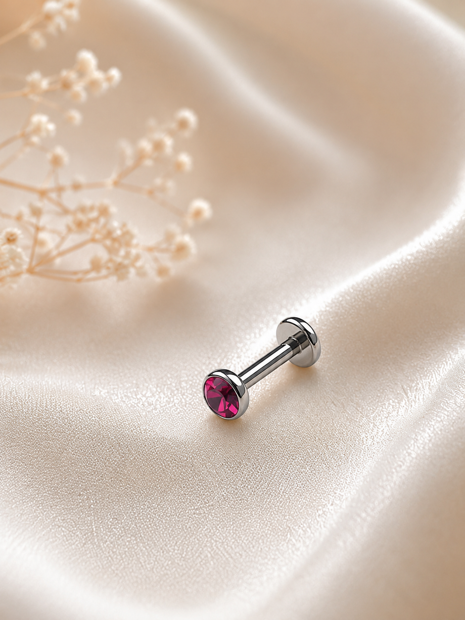 16G Surgical Steel Labret Stud – Silver Flat Back Colorful CZ Piercing