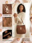 Woman holding a brown handbag with a decorative charm, surrounded by close-up details on a light pink background.
