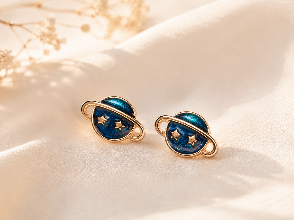 11mm Gold-Plated Stainless Steel Celestial Planet Stud Earrings