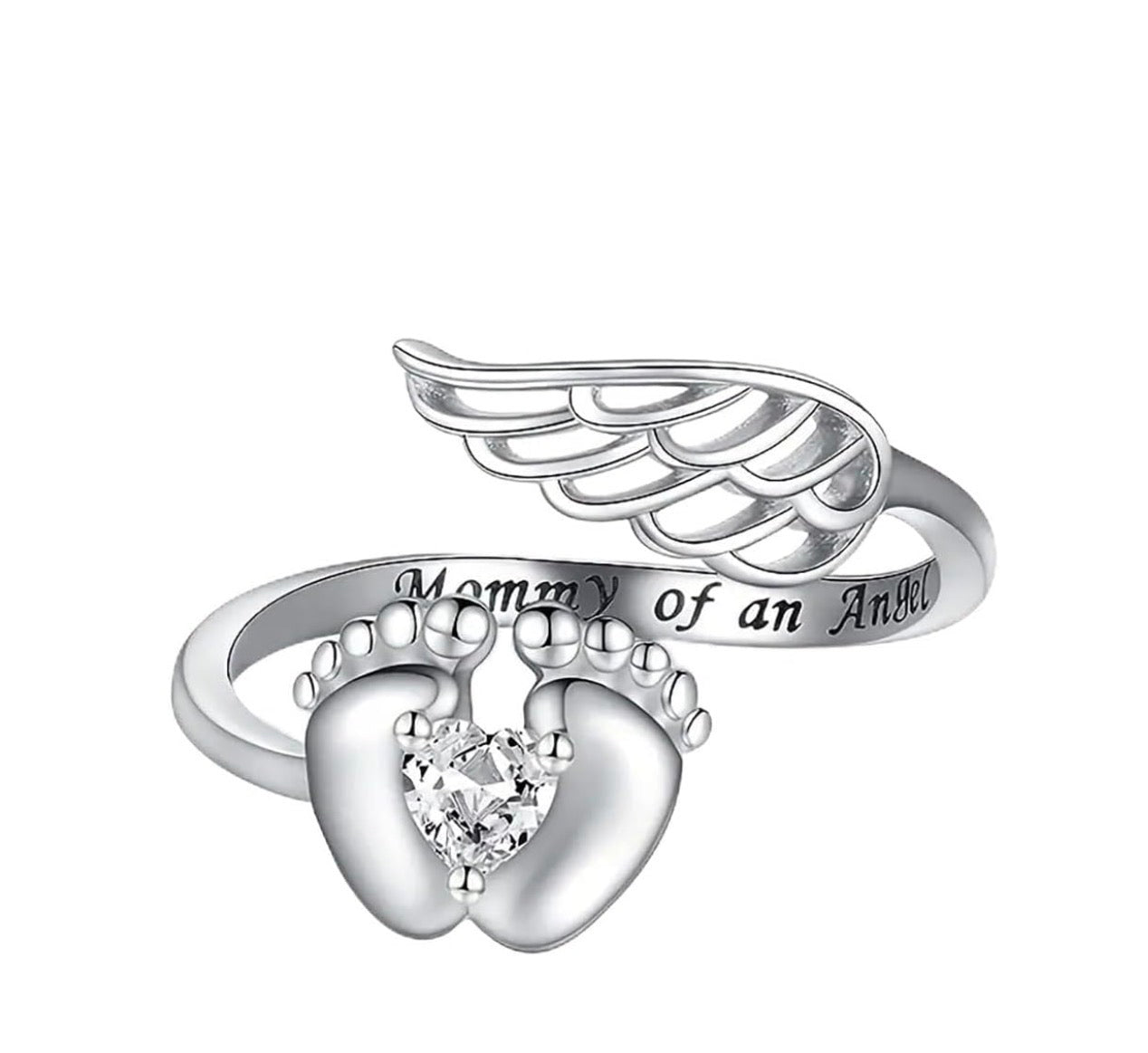 Heart Simulated Diamond Mom Angel Newborn Gift Ring 14K White Gold Plated