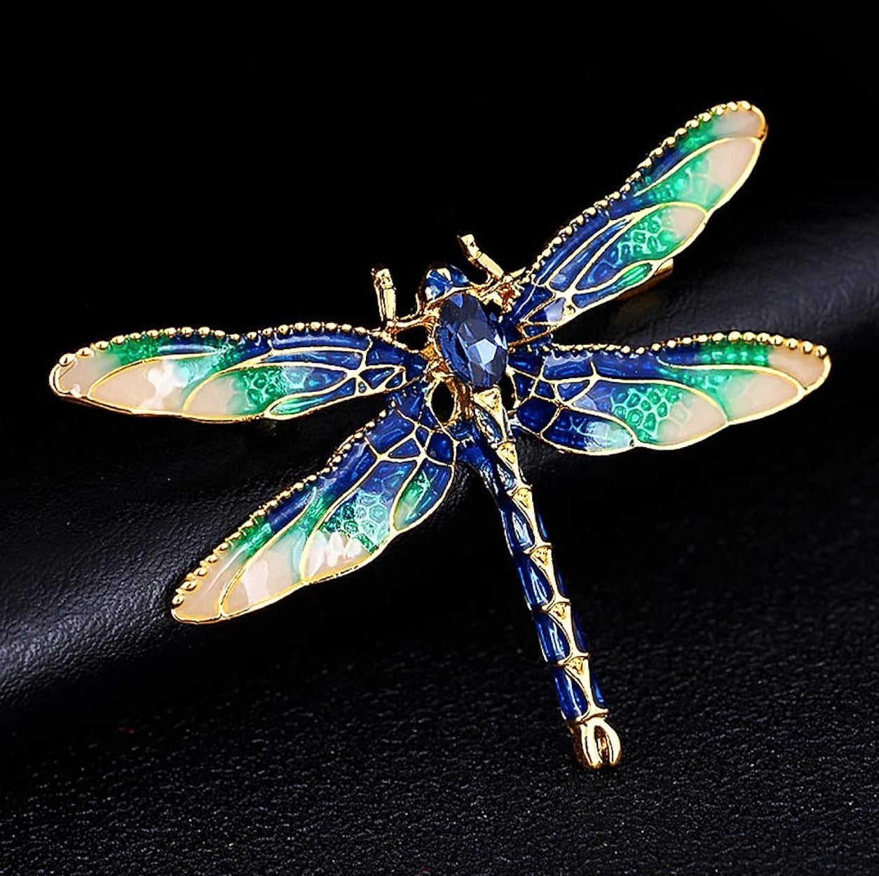 Elegant Enamel Dragonfly Brooch with Rhinestone Accents