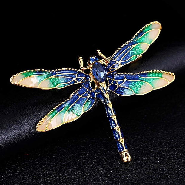 Elegant Enamel Dragonfly Brooch with Rhinestone Accents