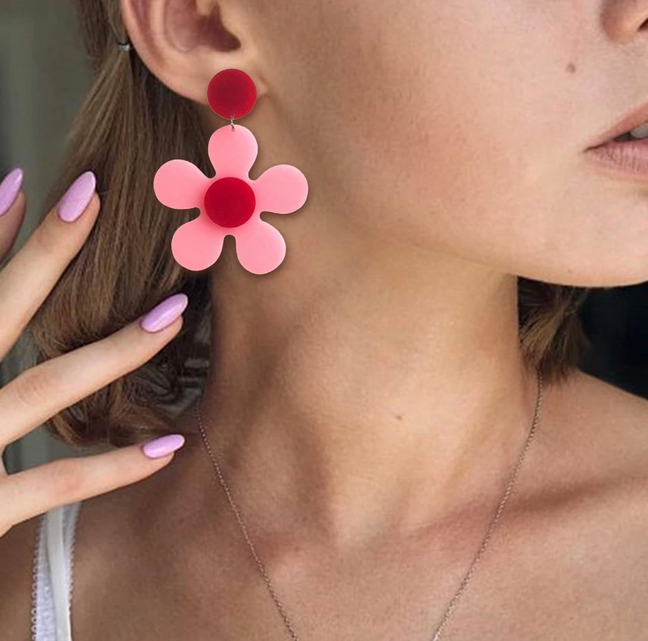 Retro Pink & Red Flower Statement Earrings