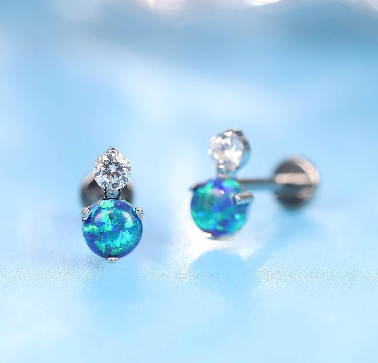 F136 Titanium Blue Opal Flat Back Stud Earrings – 18G Hypoallergenic Piercing