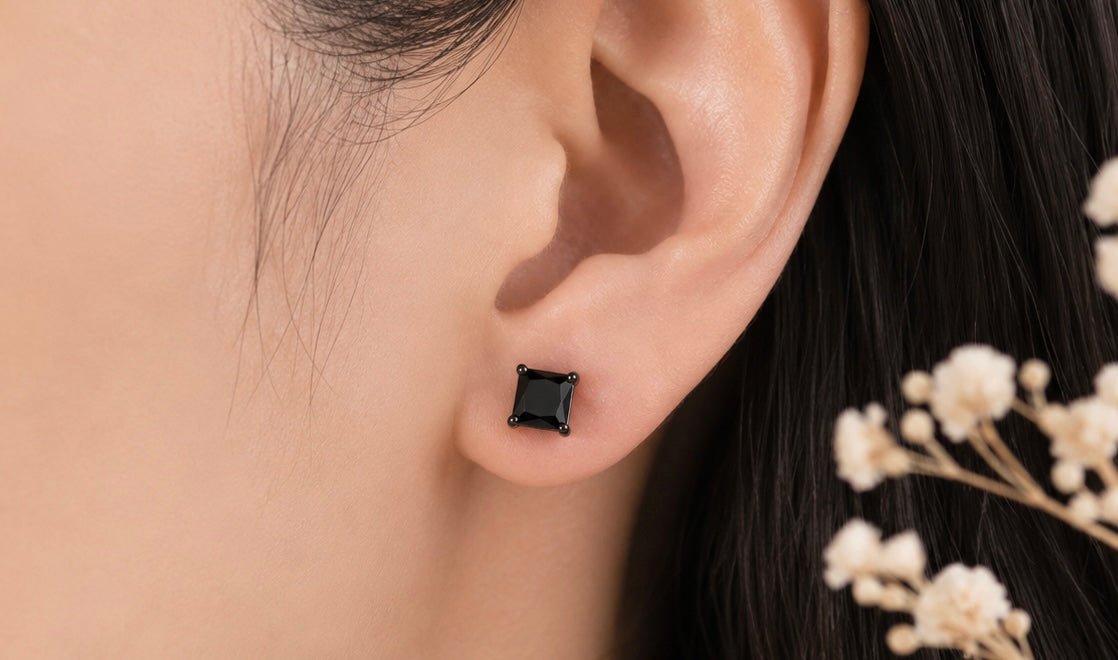 Classic 7mm Black Square Cubic Zirconia Princess Cut Stud Earrings