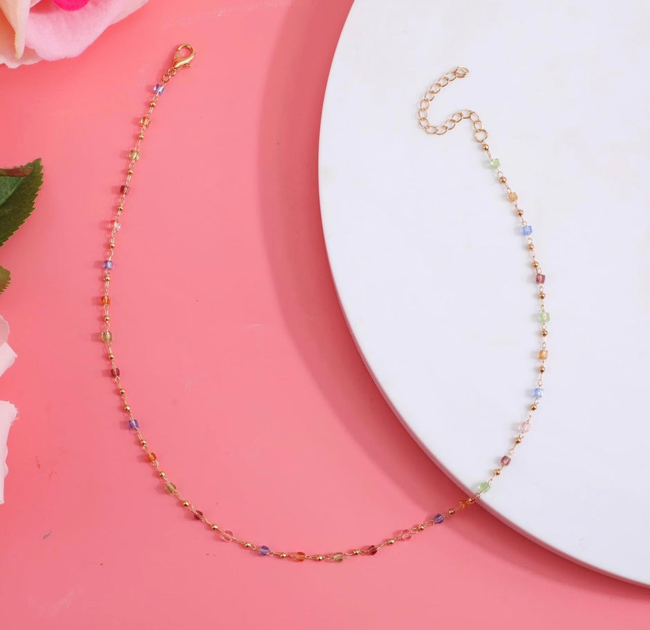 Colorful Cubic Bead Summer Choker – Dainty Gold-Tone Boho Necklace (35+5cm)