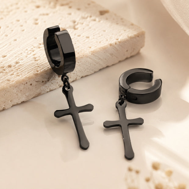 Stainless Steel Non-Piercing Cross Dangle Clip-On Earrings