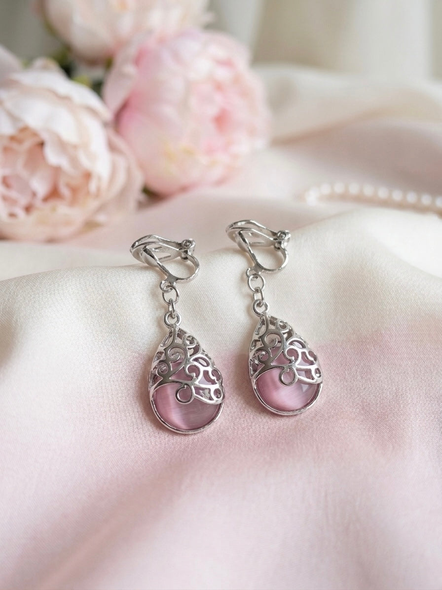 Elegant Pink Filigree Teardrop Clip-On Earrings