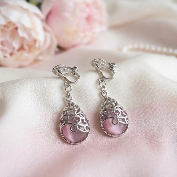 Elegant Pink Filigree Teardrop Clip-On Earrings
