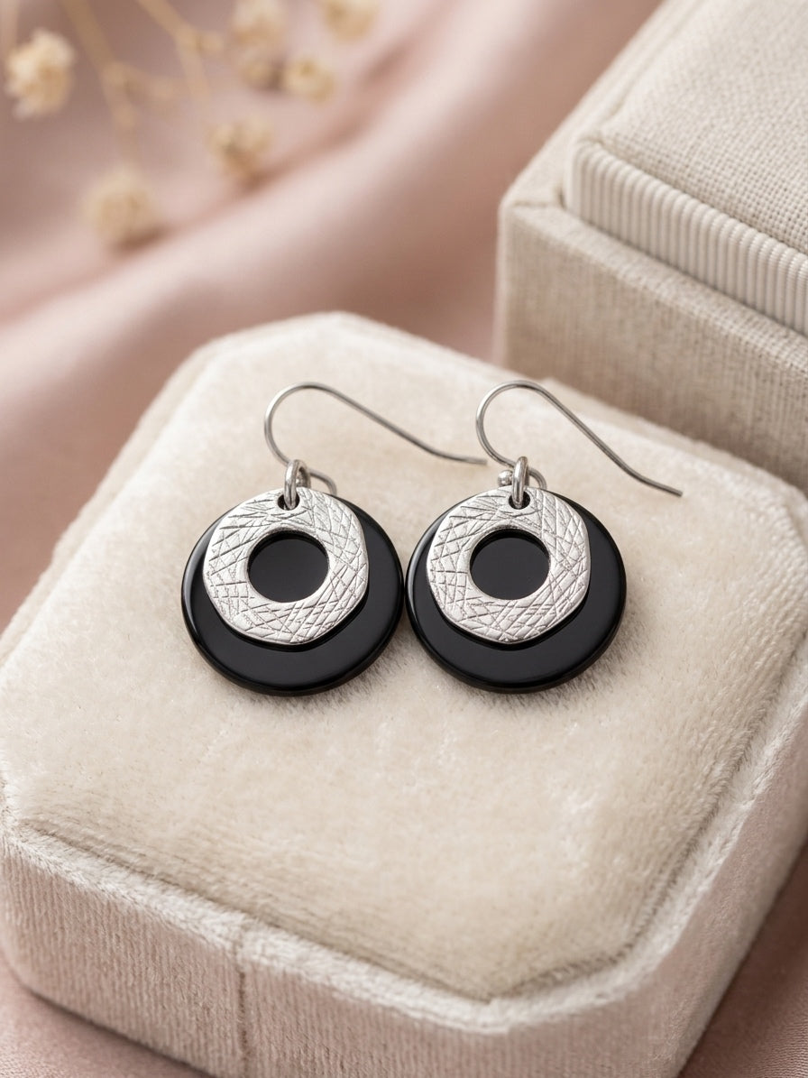 Modern Black & Silver Circular Drop Earrings – Stainless Steel
