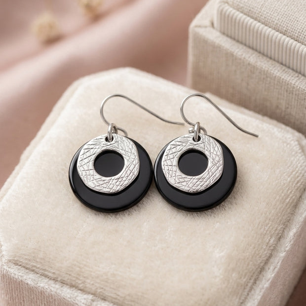 Modern Black & Silver Circular Drop Earrings – Stainless Steel