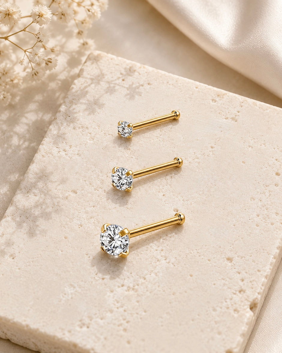925 Sterling Silver Nose Bone Studs – Set of 3 Cubic Zirconia Piercings