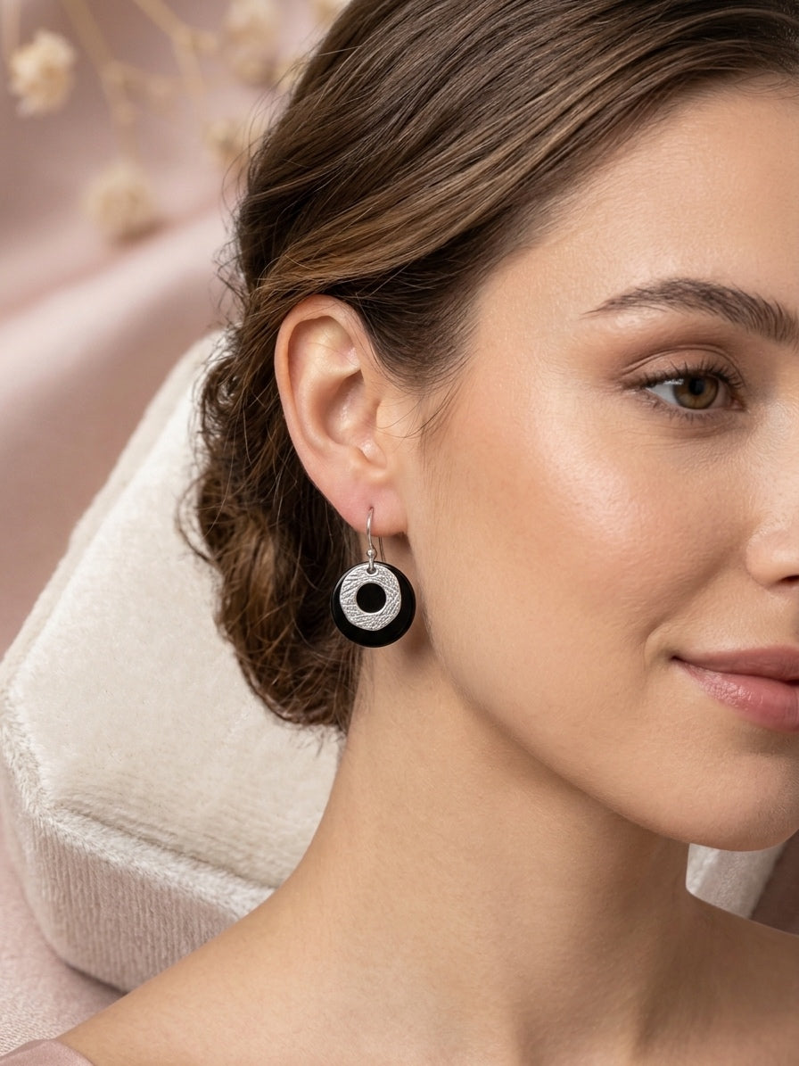 Modern Black & Silver Circular Drop Earrings – Stainless Steel