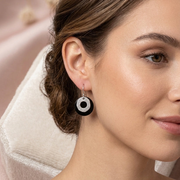 Modern Black & Silver Circular Drop Earrings – Stainless Steel