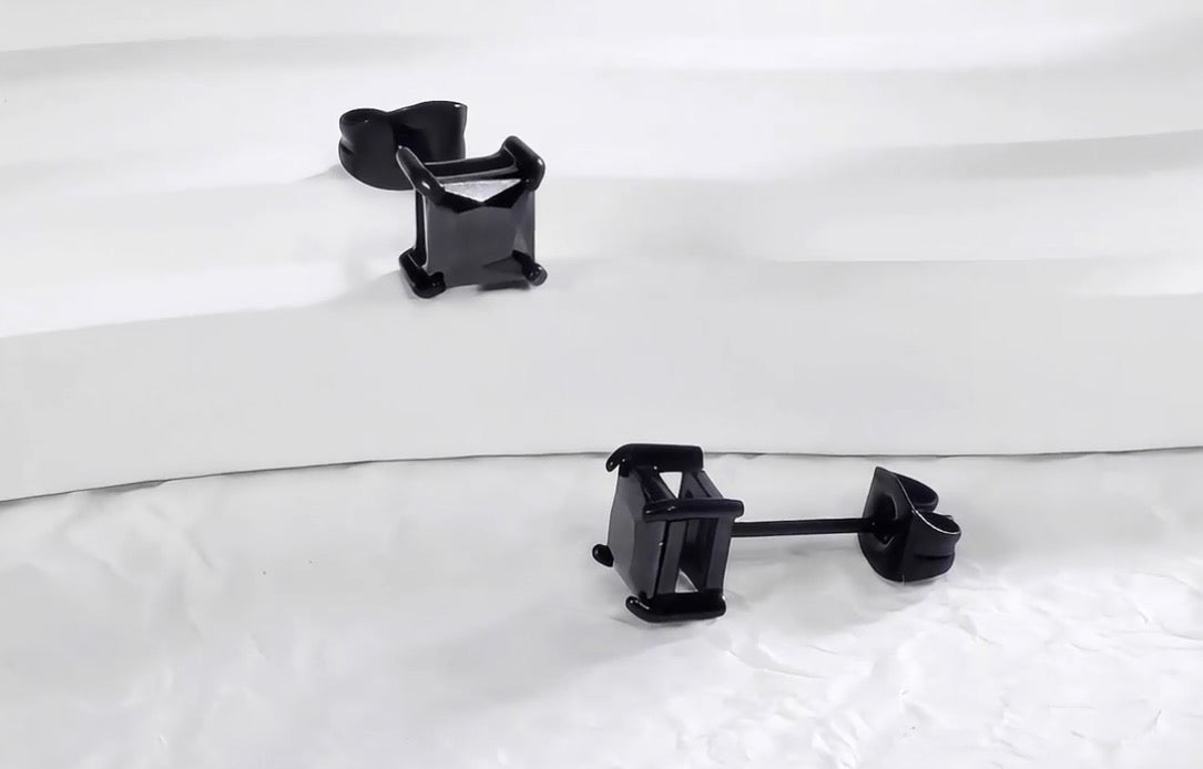 Classic 7mm Black Square Cubic Zirconia Princess Cut Stud Earrings