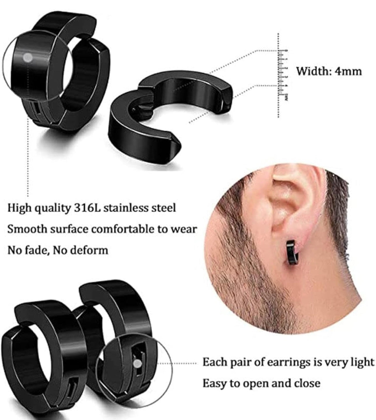 Minimalist Black Stainless Steel 4mm Clip-On Huggie Hoop Earrings (Non-Piercing)