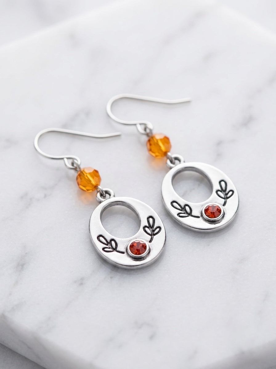 Boho Floral Oval Drop Earrings with Orange Bead – Stainless Steel