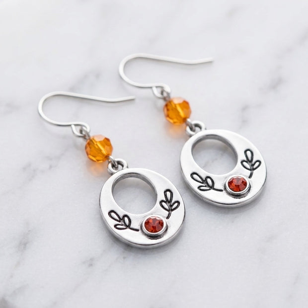 Boho Floral Oval Drop Earrings with Orange Bead – Stainless Steel
