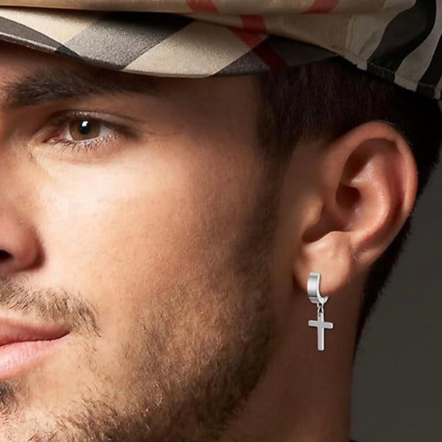 Stainless Steel Non-Piercing Cross Dangle Clip-On Earrings
