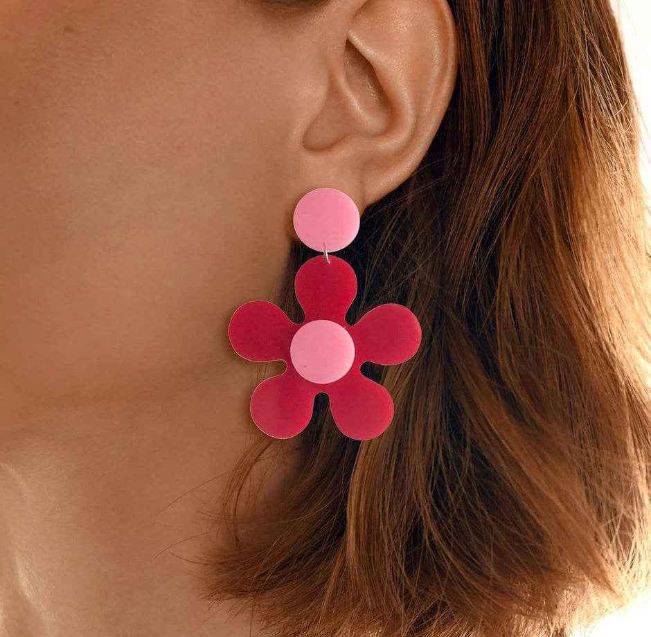 Retro Pink & Red Flower Statement Earrings