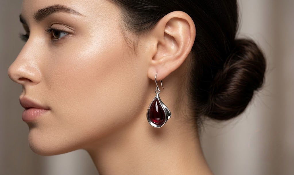 Elegant Red Teardrop Earrings – White Gold Plated