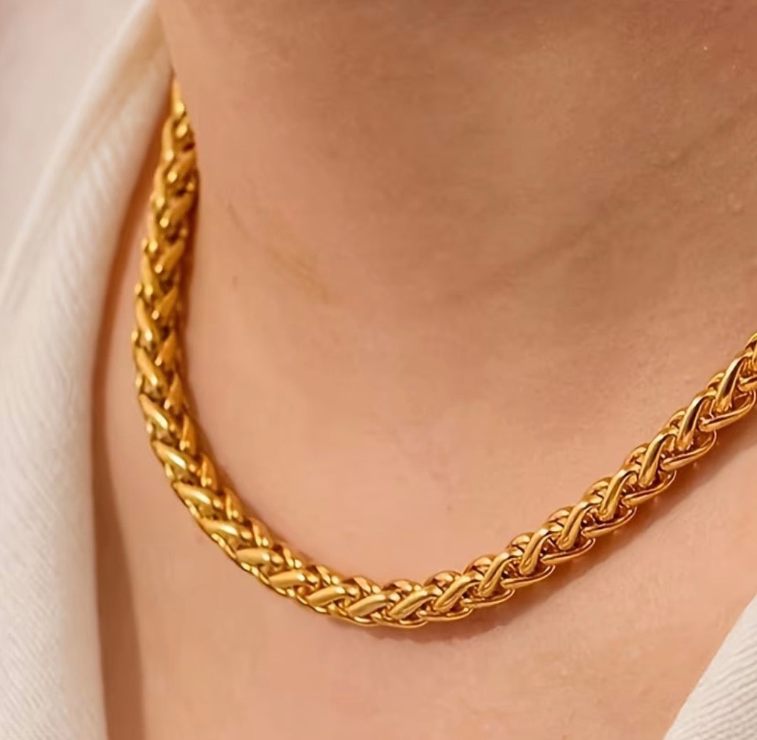 Chunky Braided Wheat Franco Chain Necklace – 18K Gold Finish Stainless Steel (7 mm / 60 cm / 24